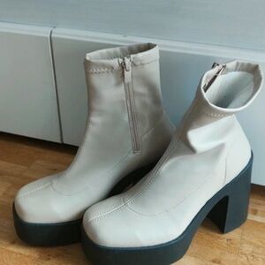 Chunky Cream Platform Ankle Boots with Black Sole